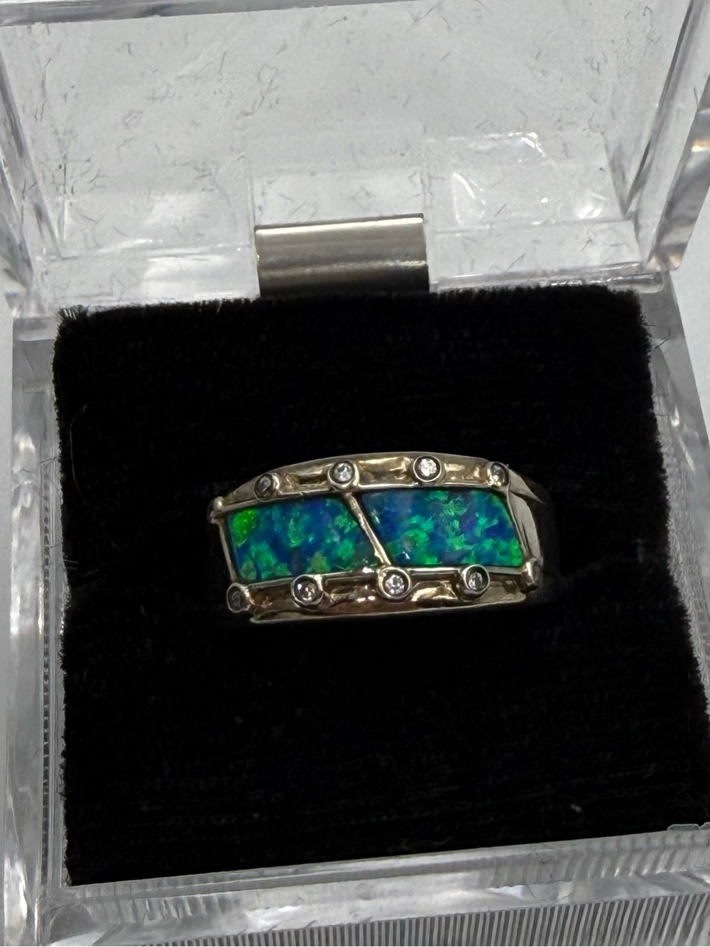 Large Sterling Silver Blue Synthetic Opal Narrow Dome Ring for Women CZ Accent - Picture 8 of 9